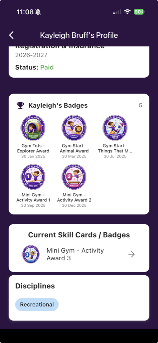 Child profile showing earned badges and achievements