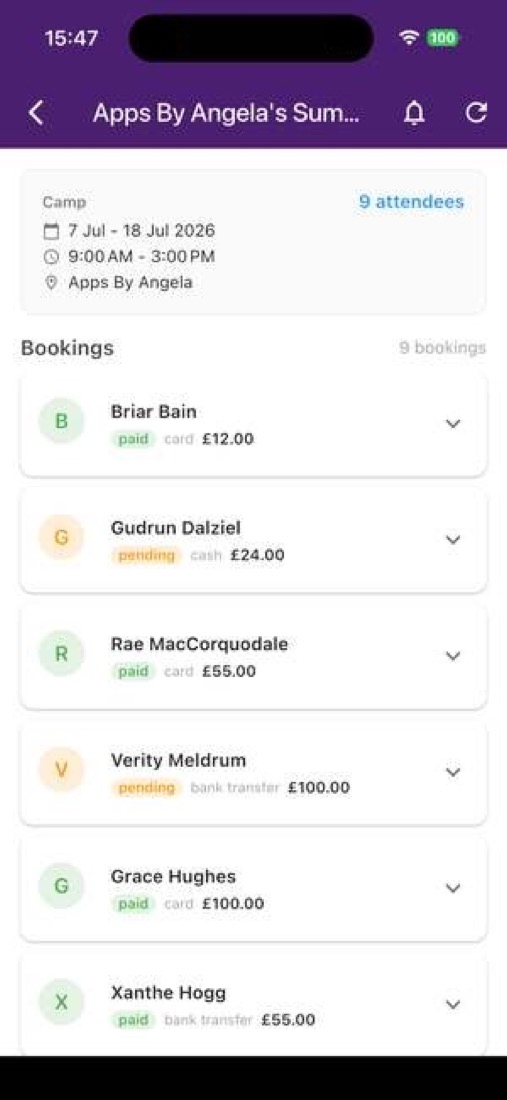 Admin camp bookings list showing paid and pending payments