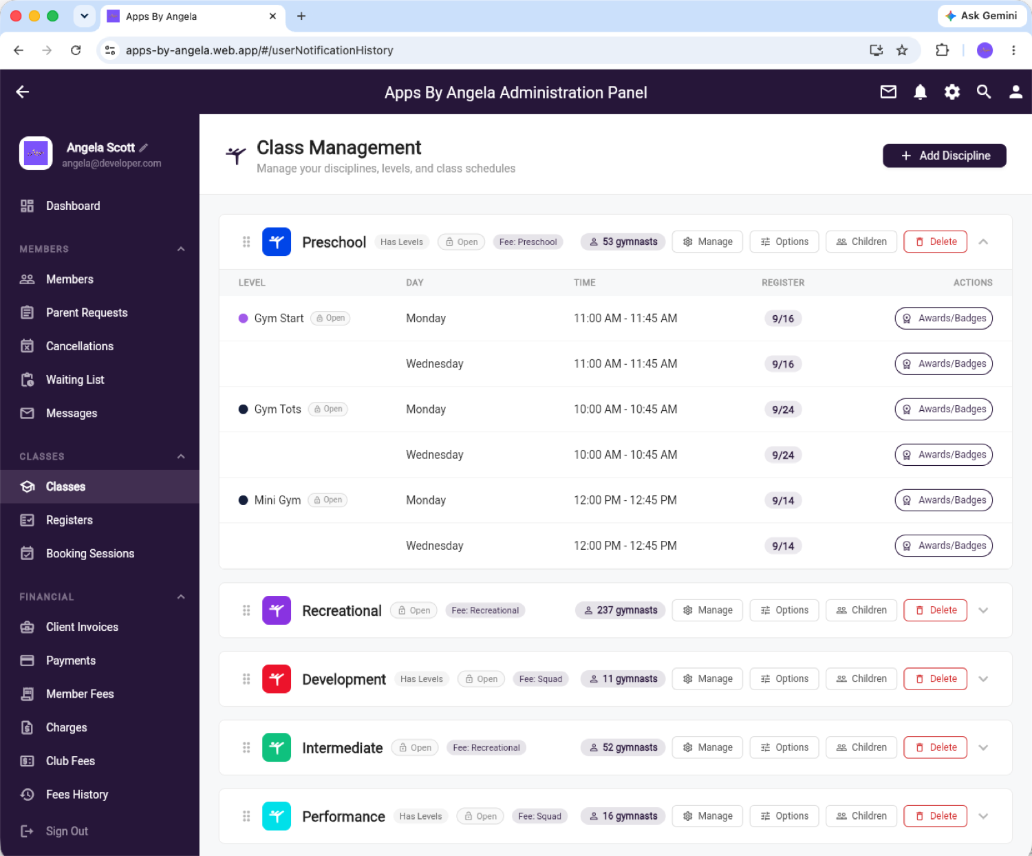 Apps By Angela class management — expanded discipline showing class schedule