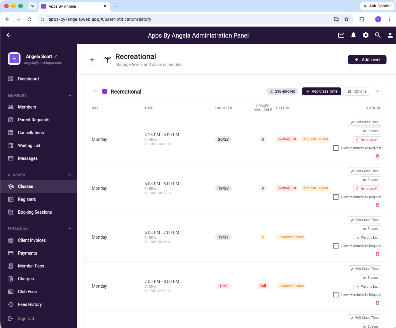 Apps By Angela — class times showing enrolled spaces, waiting lists and request status