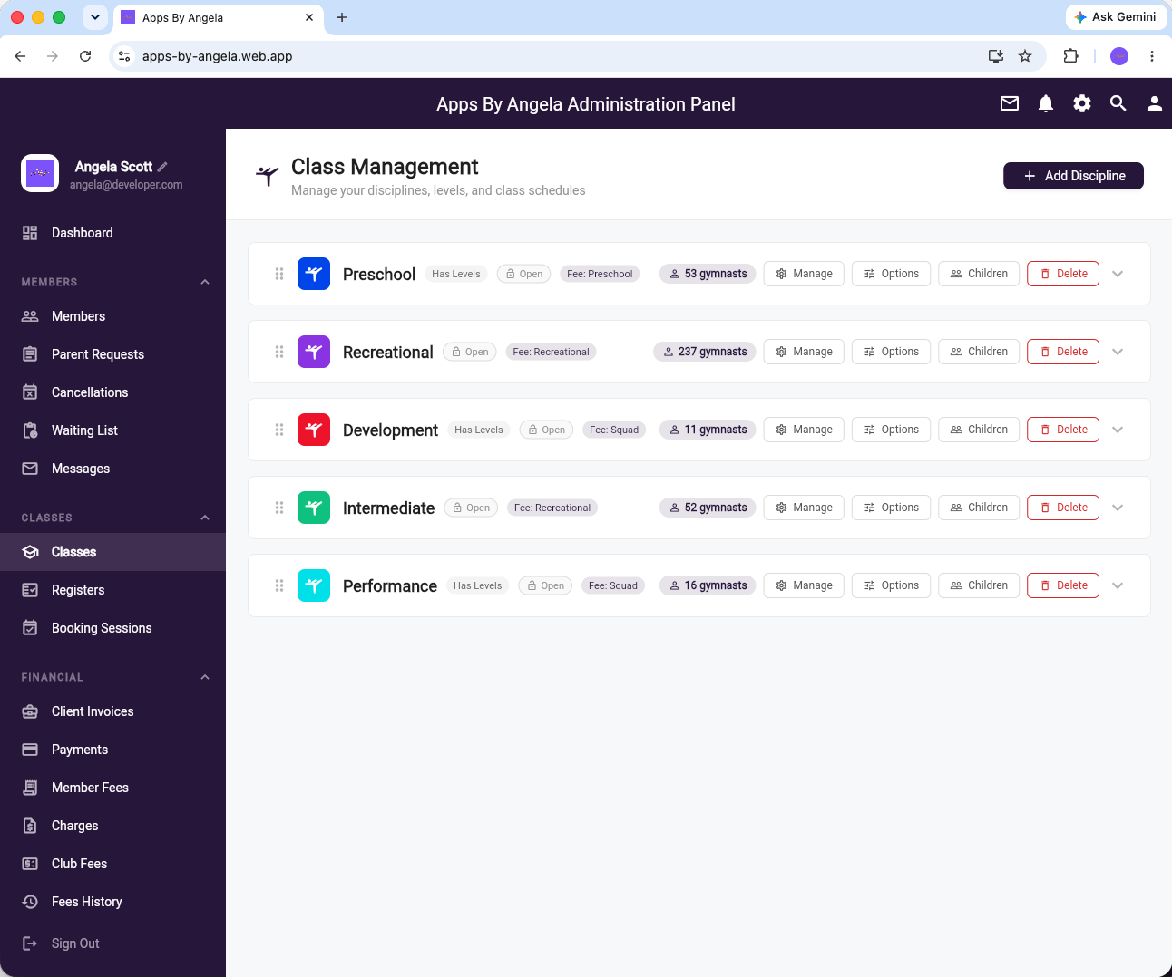 Apps By Angela class management — list of disciplines with enrolled counts