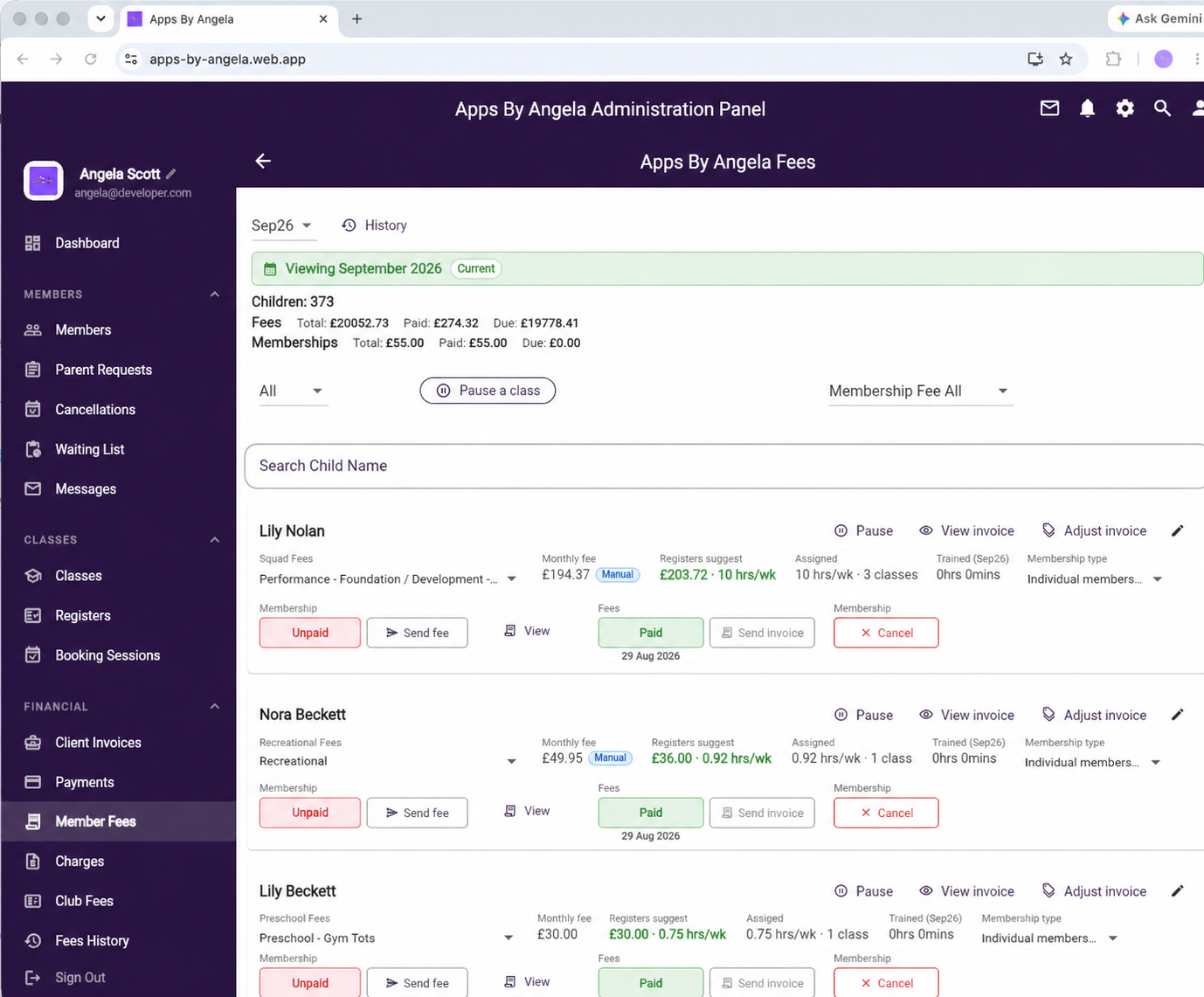 Apps By Angela fees dashboard showing monthly fees, paid totals and outstanding amounts