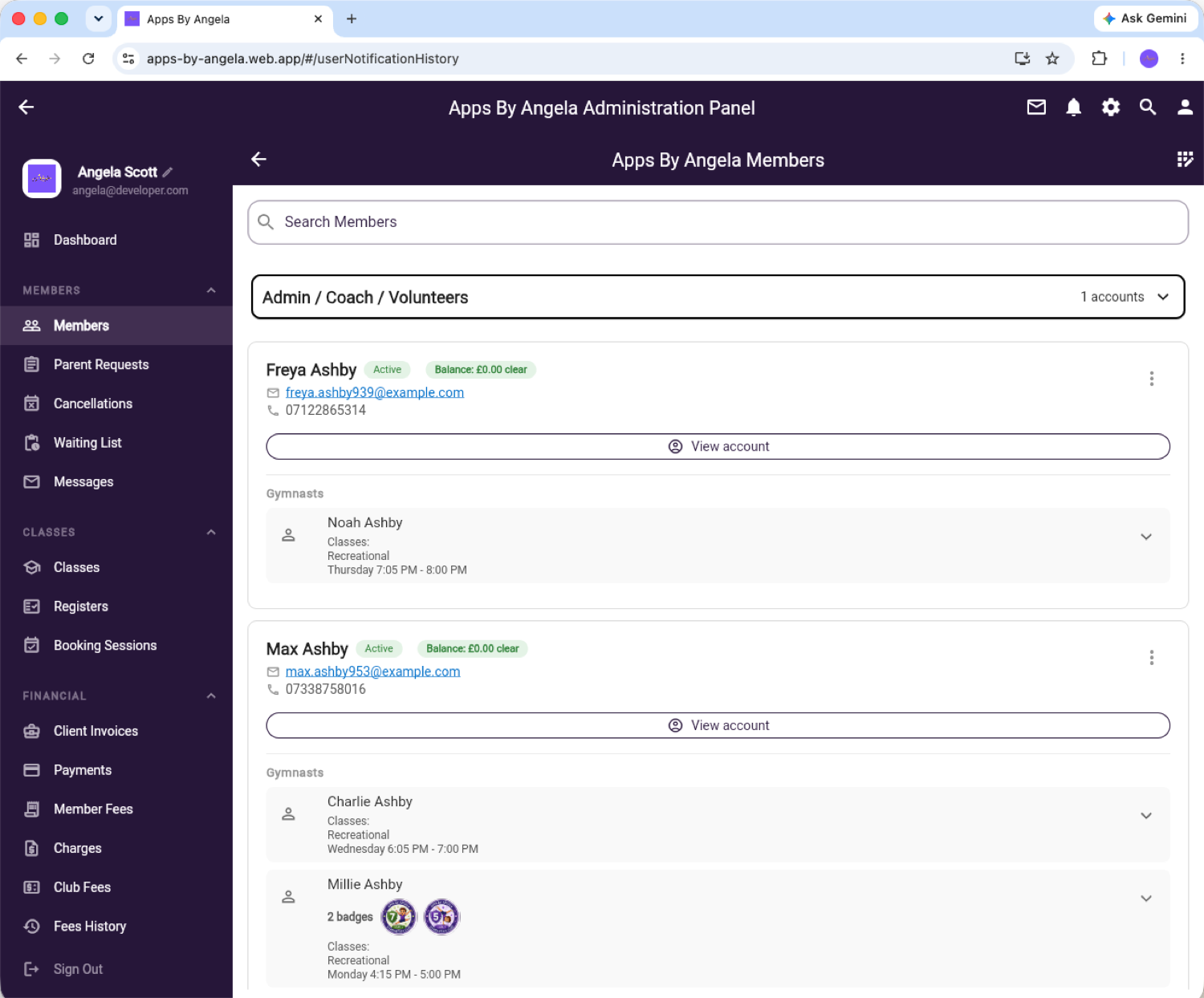 Apps By Angela admin panel members screen showing parent accounts and linked gymnasts