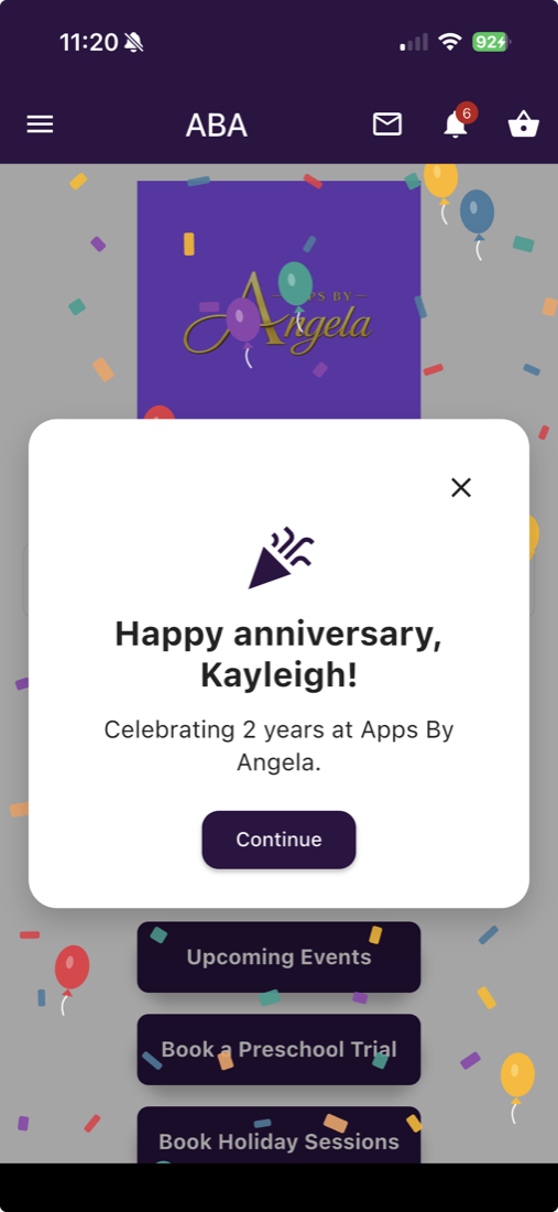 Club anniversary celebration with confetti and balloons