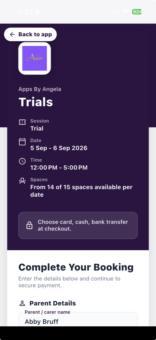 In-app session booking showing spaces and payment options