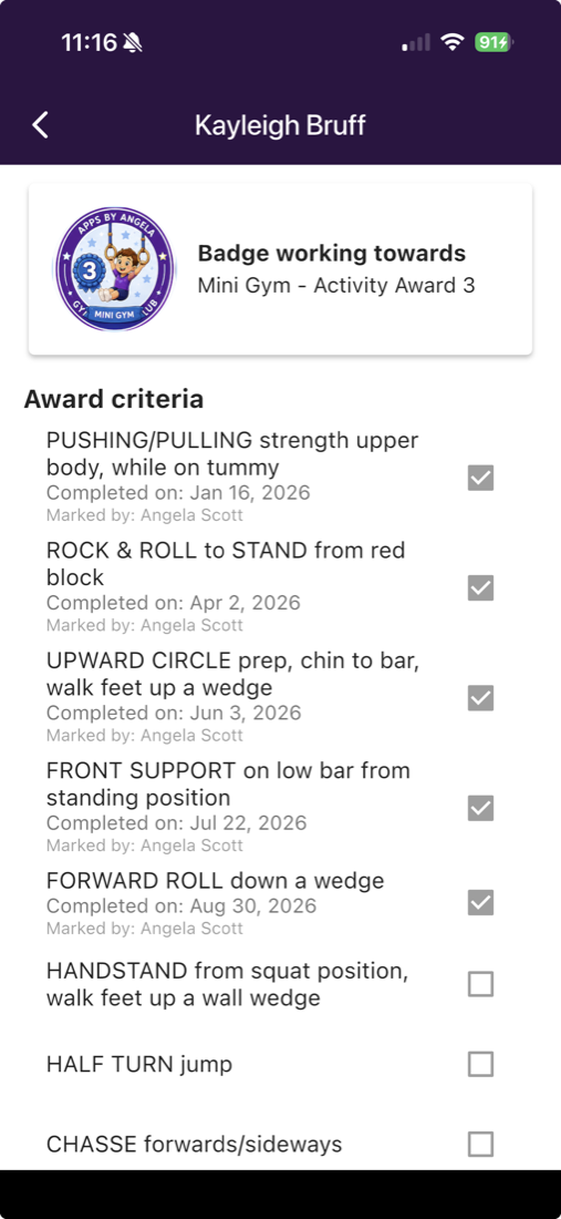 Child badge award criteria showing completed skills
