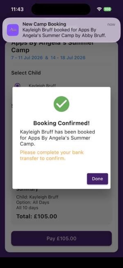 Booking confirmed with targeted club message