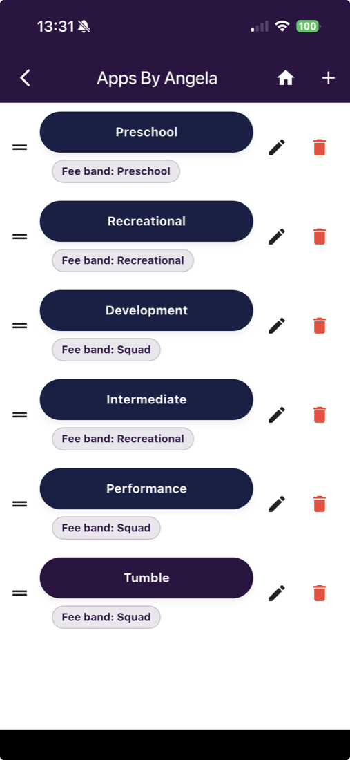 Class list showing fee bands linked to each class