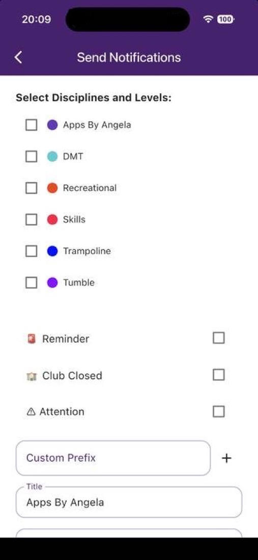 Notification screen showing classes, parents and disciplines