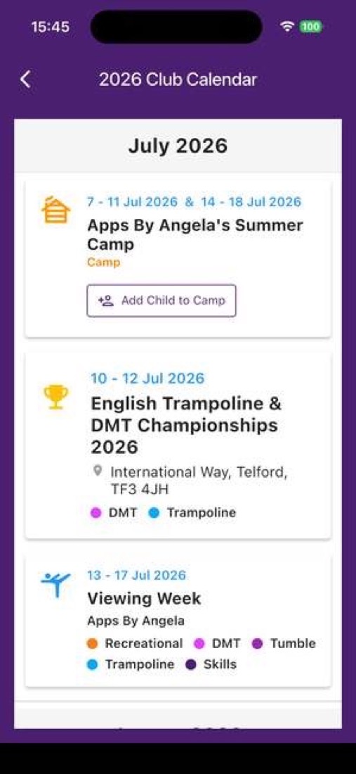 Bookable session in club calendar with booking button
