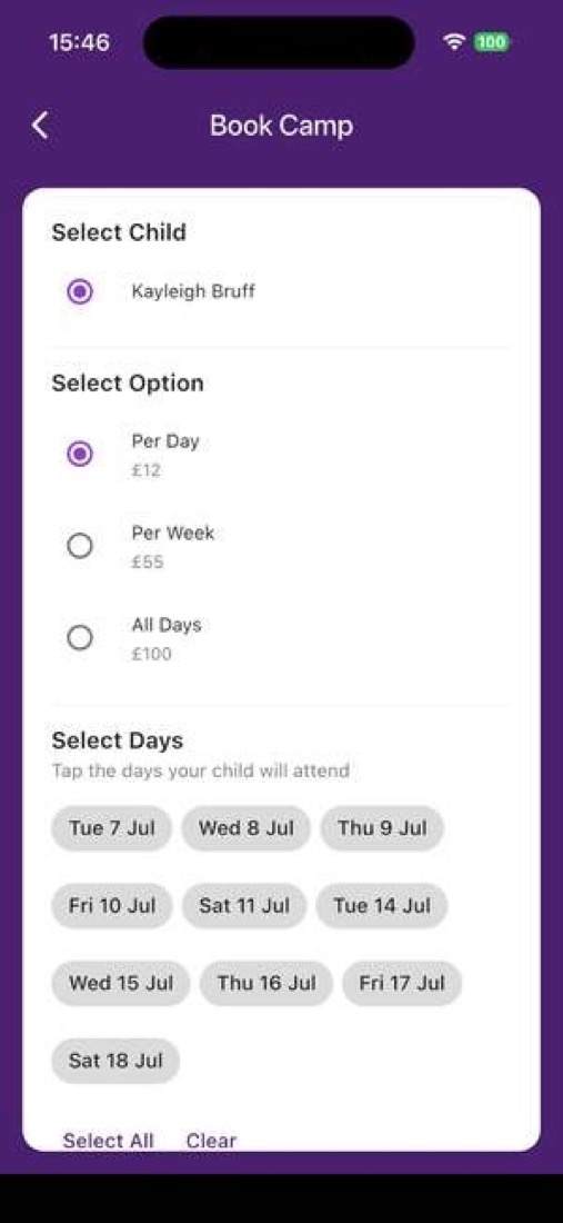 Book Camp — select child, pricing and specific days