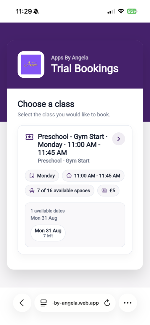 Public trial booking page showing available class spaces