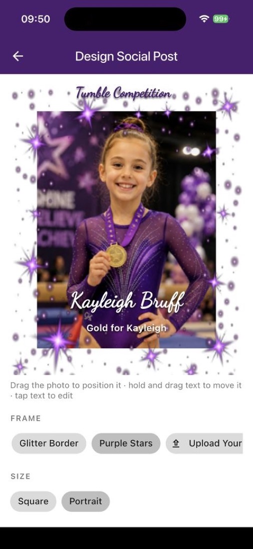 Designing a gymnast recognition social post in the Apps By Angela admin app