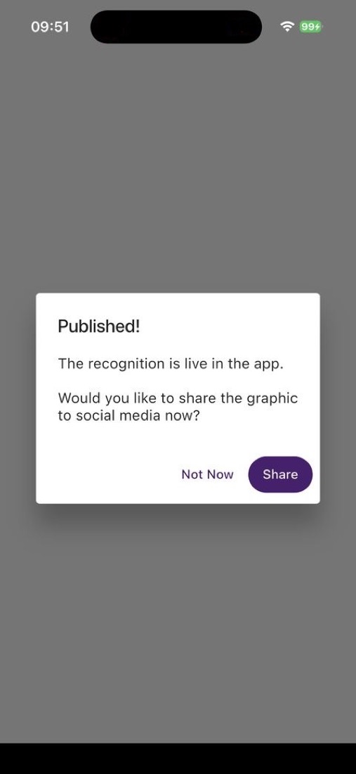 Recognition published in the app with option to share to social media