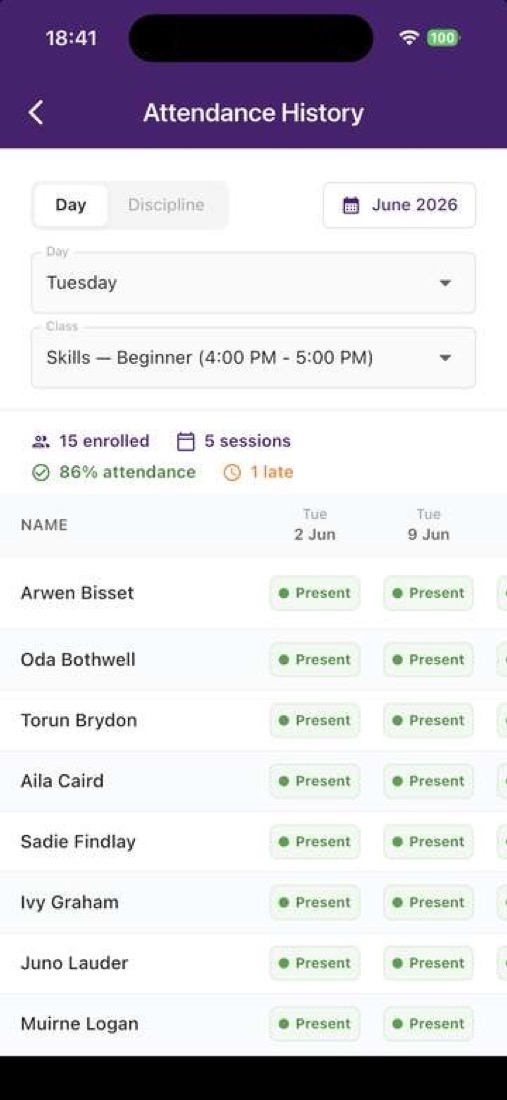Apps By Angela attendance history — filter by day and class, see who attended every session