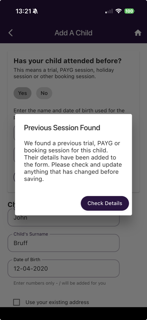 Previous booking session found with saved child details