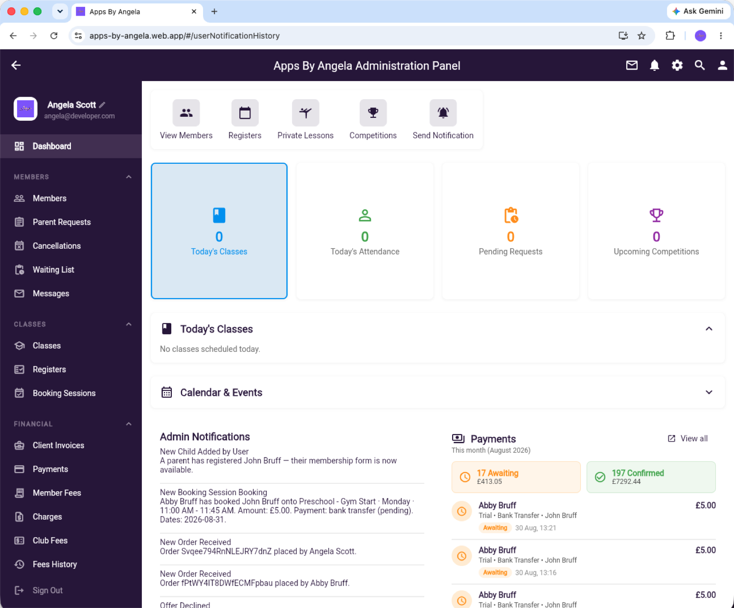 Web admin panel dashboard showing today's classes, attendance, quick actions and club calendar