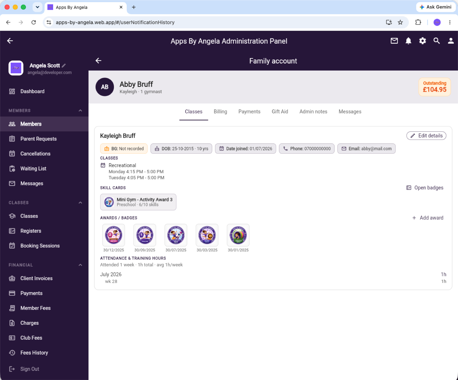 Apps By Angela web admin family account showing classes, billing, payments, messages and awards