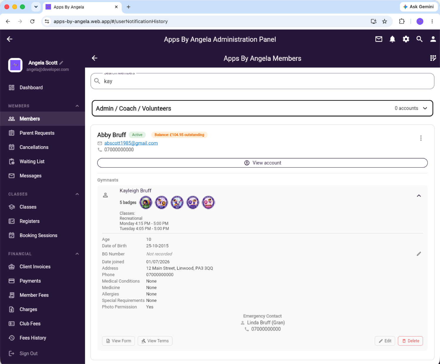 Apps By Angela web admin members search with gymnast profile details